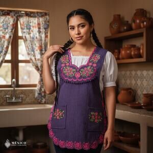 Magenta Mexican Embroidered Smock Apron – Floral Traditional Design